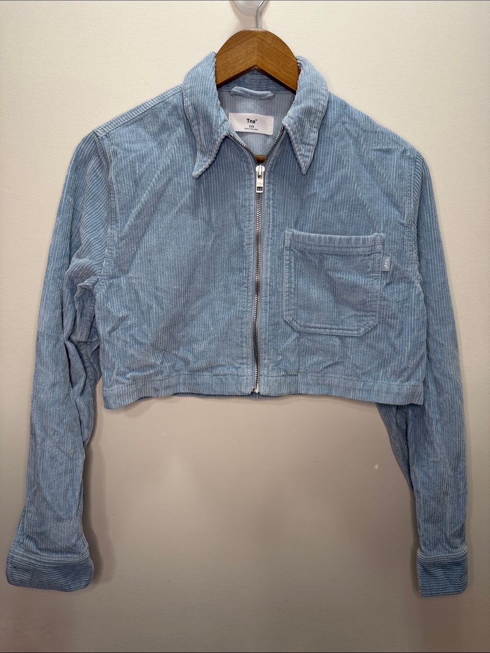 TNA Powder Blue Cropped Corduroy Zip Jacket Size 2XS 15.5x17